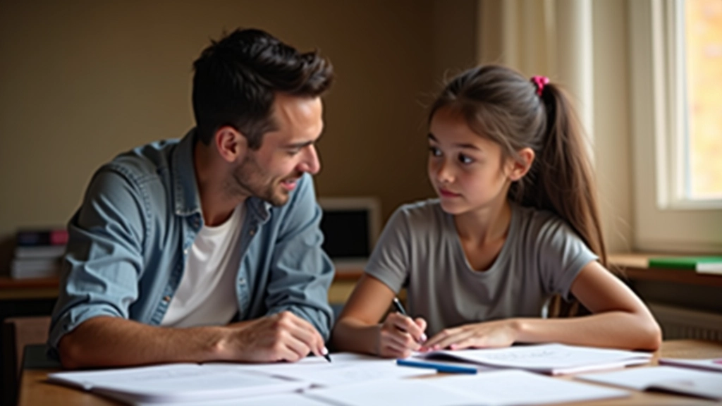 Parent and student discussing college options with materials and notes