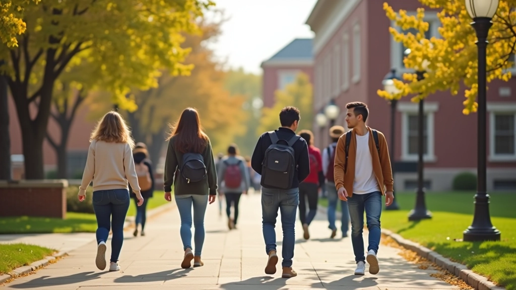 College campus tour with students walking between historic buildings