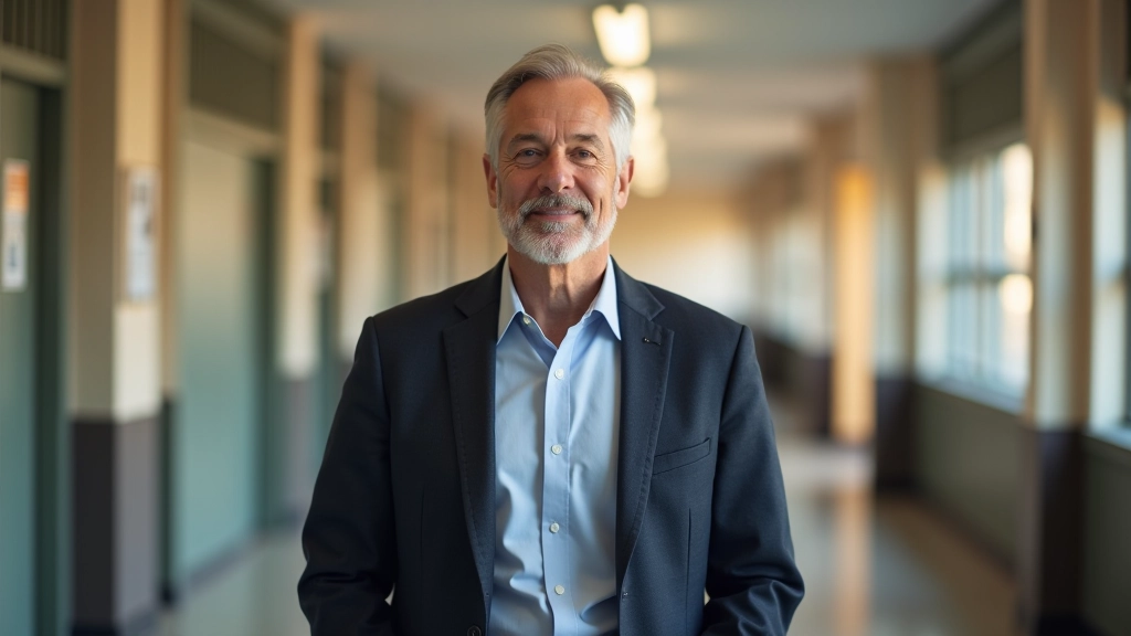 Administrator in professional attire standing in school hallway with welcoming expression