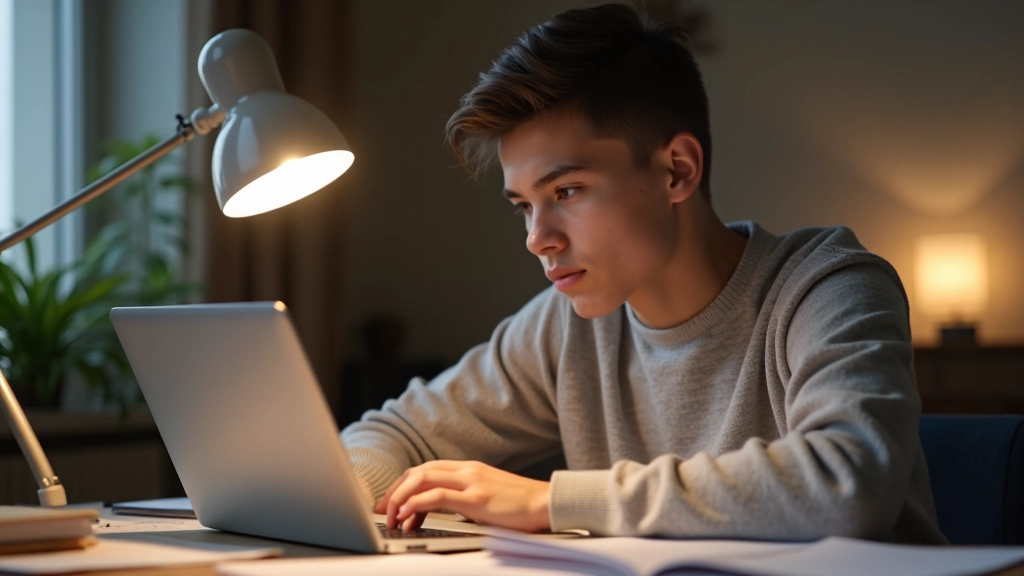Student typing essay on laptop while reference materials and notes are visible on desk nearby