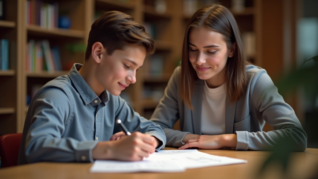 Teenager aged 15 studying with tutor at desk with learning materials