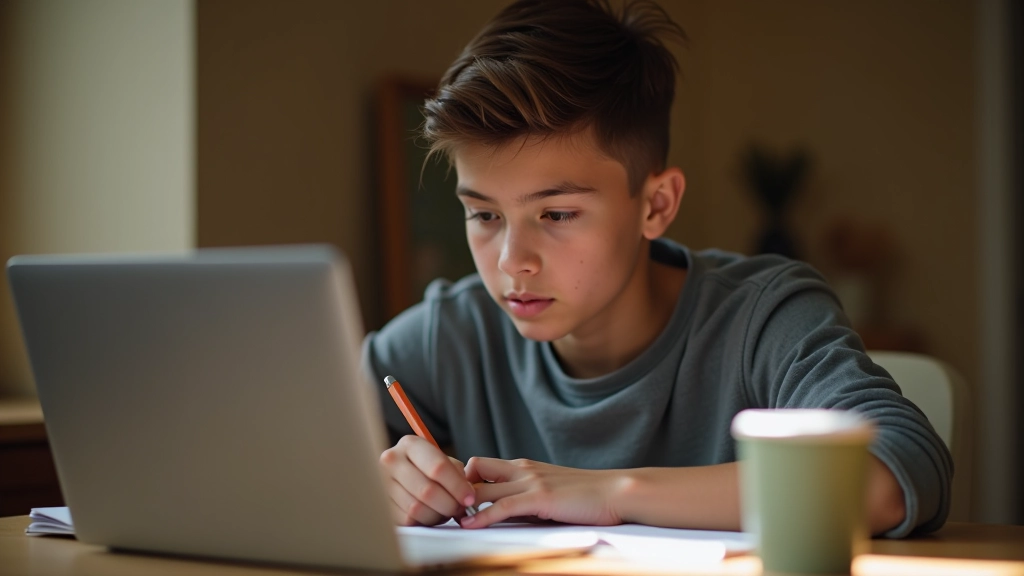 Student writing college essay at laptop with notes and coffee