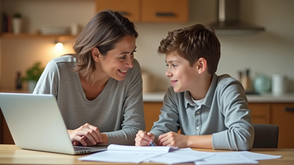 Parent and student reviewing school information together at kitchen table with laptop and printed materials