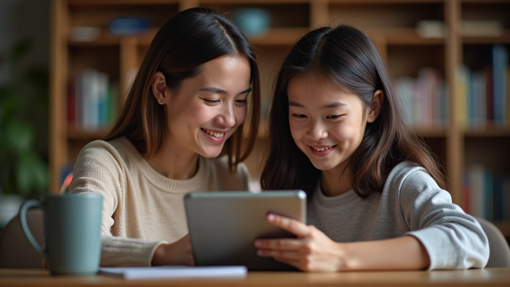 Parent and teenage student reviewing scholarship opportunities on tablet in home study space